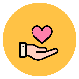 Icon für christliche Werte: Eine Hand, über der ein kleines rosa Herz schwebt, auf einem gelben Kreis.